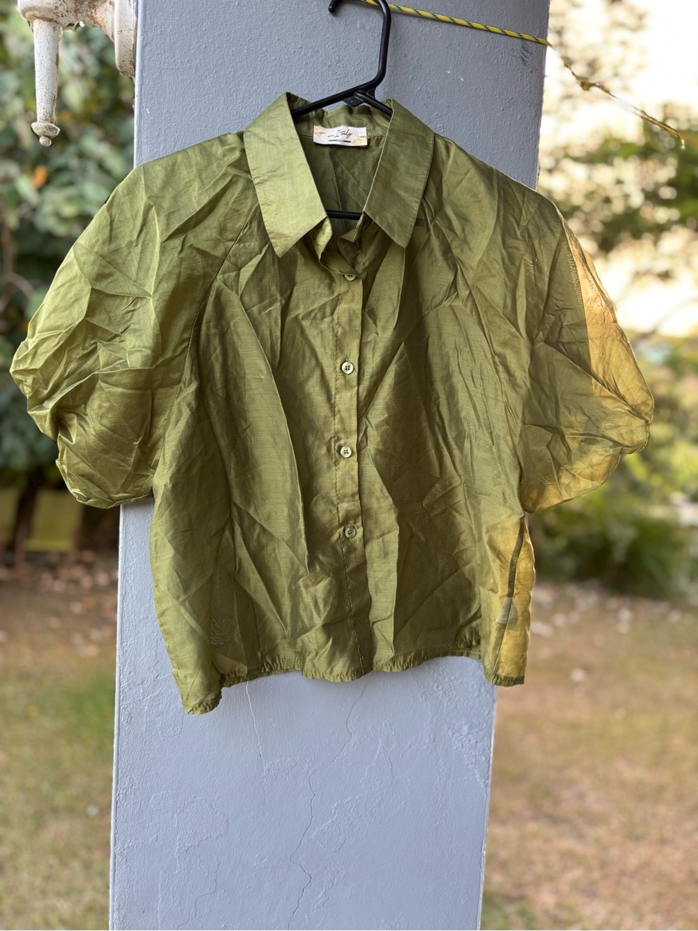 In Italy Lightweight Olive Green Puff-Sleeve Button-Up Blouse NWOT
